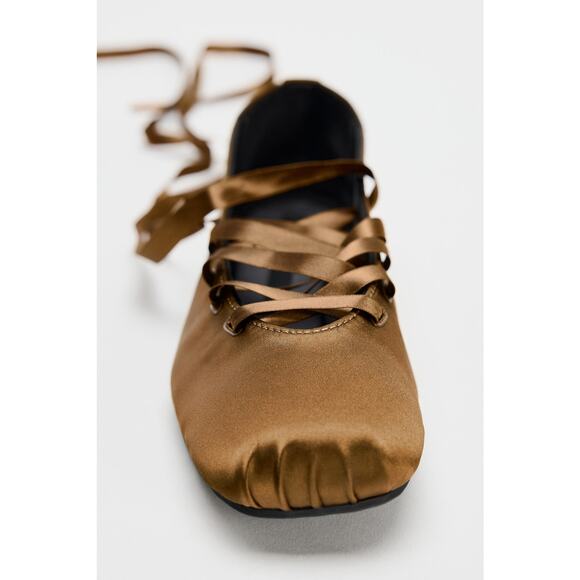 ZARA Lace Up Ballet Flats NWT Ochre Brown Satin Effect Size 7.5 - Picture 16 of 16